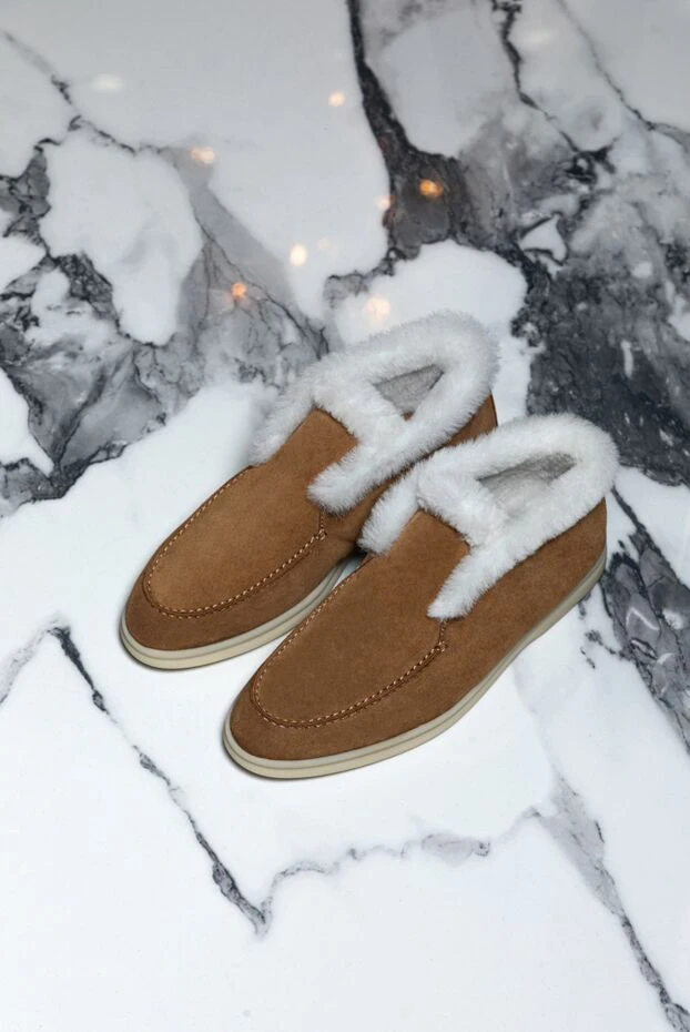 Loro Piana зимние женские мокасины из светло-коричневой замши с меховой отделкой 175764 - фото 2