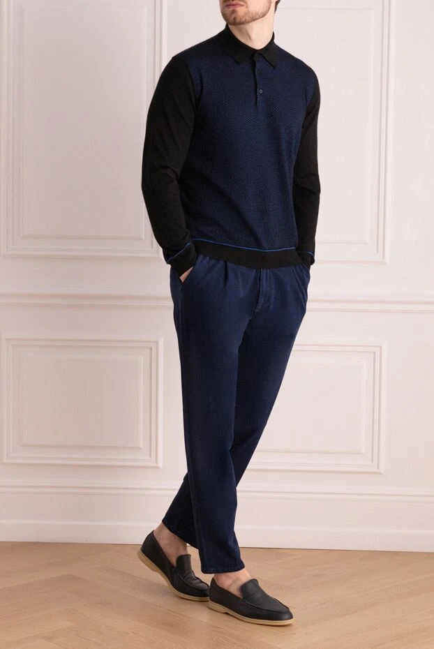 Поло с длинным рукавом из кашемира и шелка мужское синее с длинным рукавом - фото 2