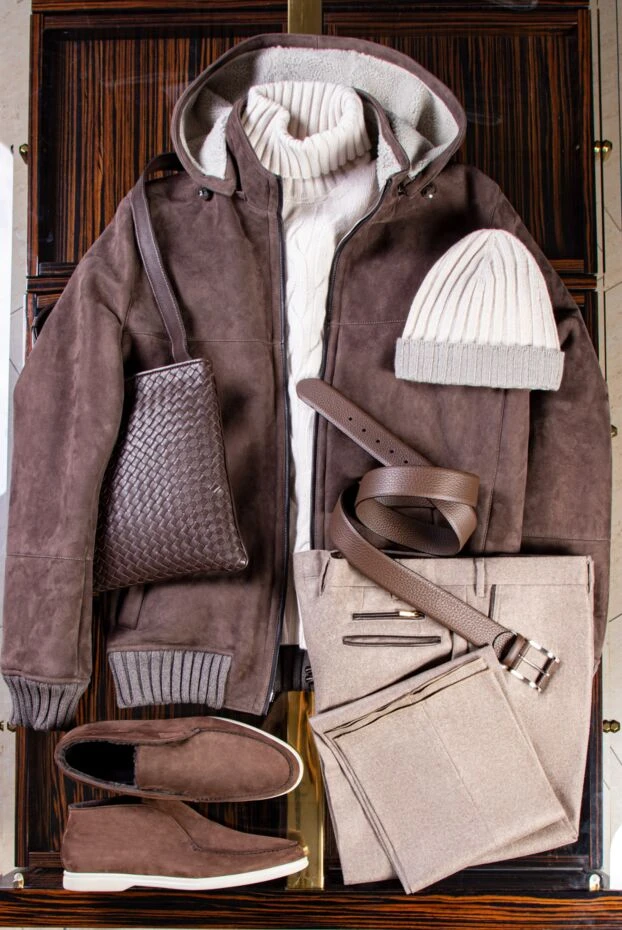 Cesare di Napoli men's leather belt with grained finish, beige and brown 175890 - photo 2