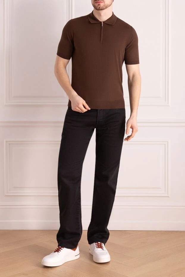 Cesare di Napoli men's chocolate-colored cotton polo shirt with a zip-up collar 197023 - photo 2