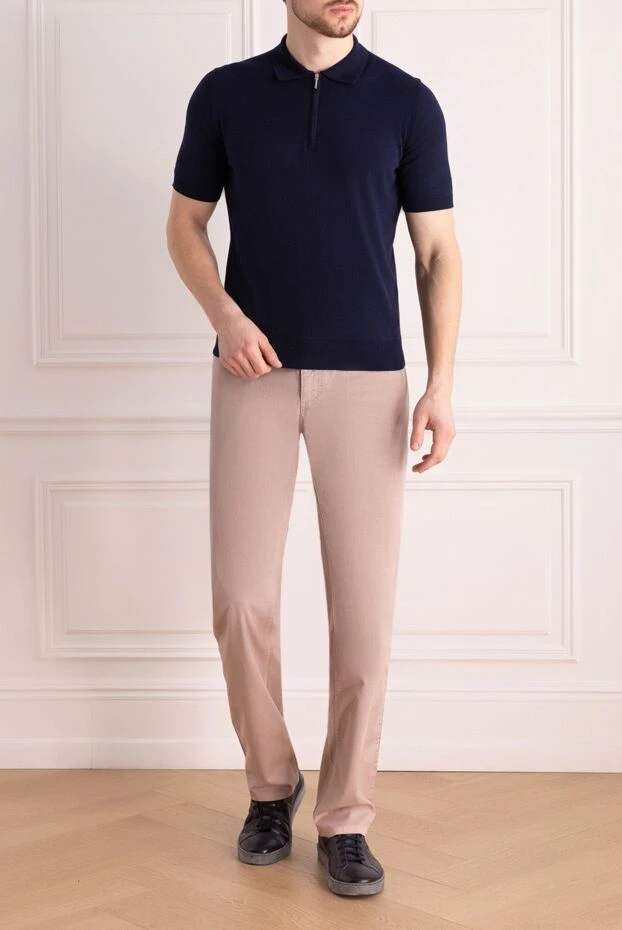 Cesare di Napoli solid color men's zip-up cotton polo shirt in deep blue 196926 - photo 2