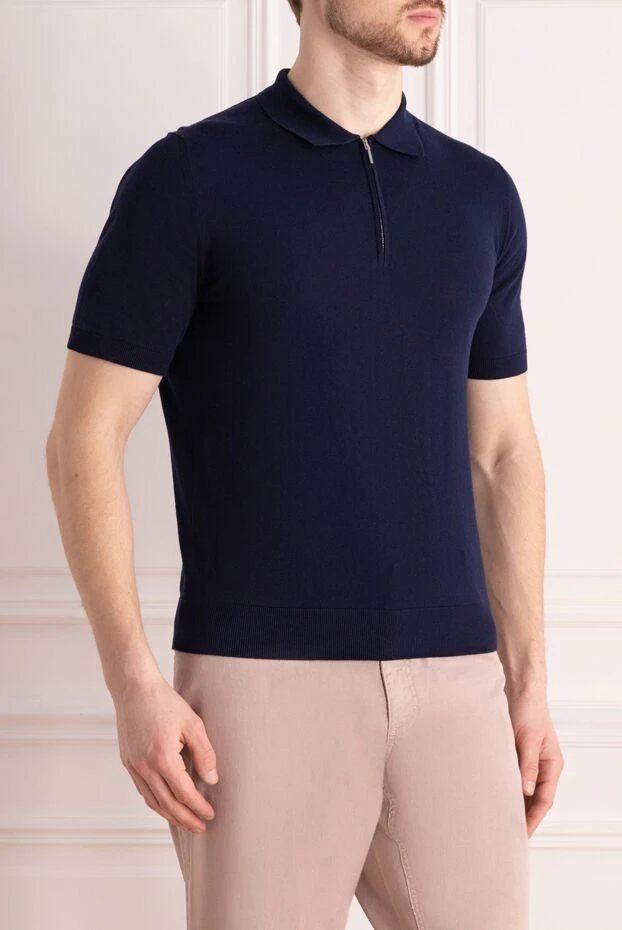 Cesare di Napoli solid color men's zip-up cotton polo shirt in deep blue 196926 - photo 3