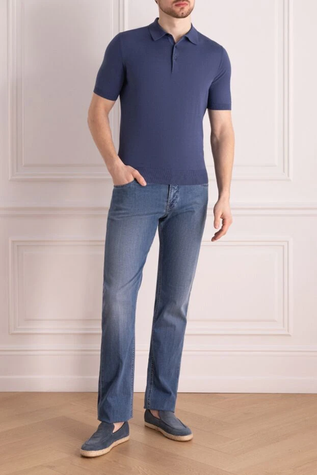 Men's light blue cotton polo shirt with buttons on the placket - photo 2