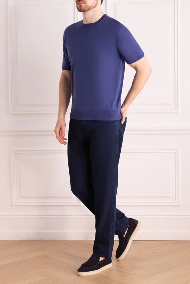 Cesare di Napoli men's deep blue silk jumper with short sleeves and elastic trim 196977 - photo 2