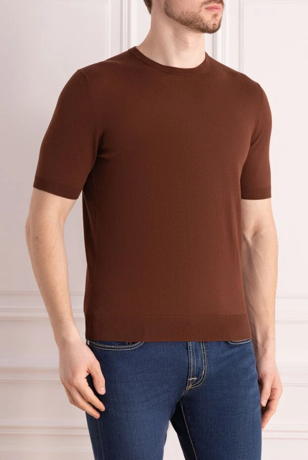 Cesare di Napoli men's chocolate brown cotton jumper with short sleeves in a minimalist style 196923 - photo 3