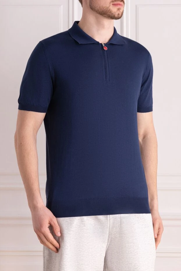 Kiton men's blue cotton polo shirt with zip-up detail and red accent on the puller 195674 - photo 3