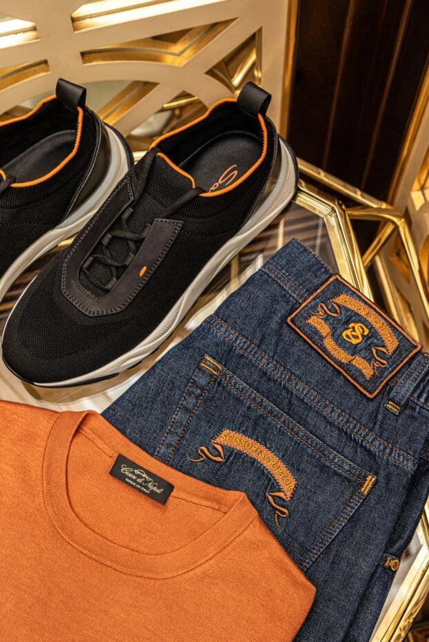 Santoni men's blue stretch knit sneakers with nubuck inserts 178215 - photo 2