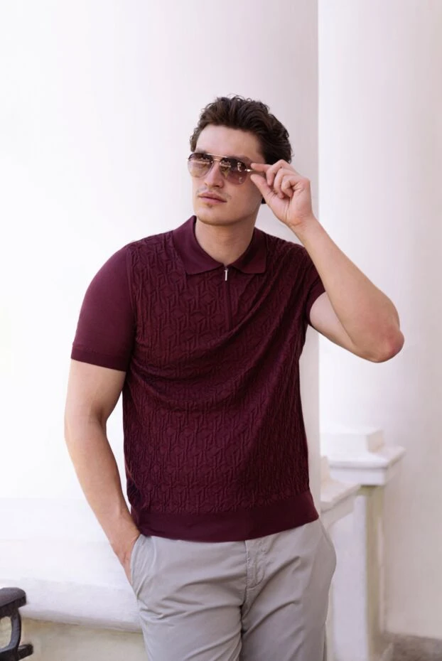 Cesare di Napoli men's burgundy silk polo shirt with a relief pattern and a zipper 178341 - photo 2