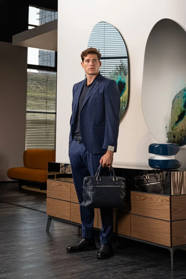 Barba Napoli трикотажне поло чоловіче синє з v-подібним вирізом у рубчик без застібки 178453 - фото 2