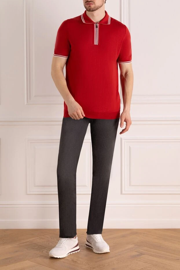 Svevo red cotton polo shirt with a zipper and white inserts on the collar 195429 - photo 2