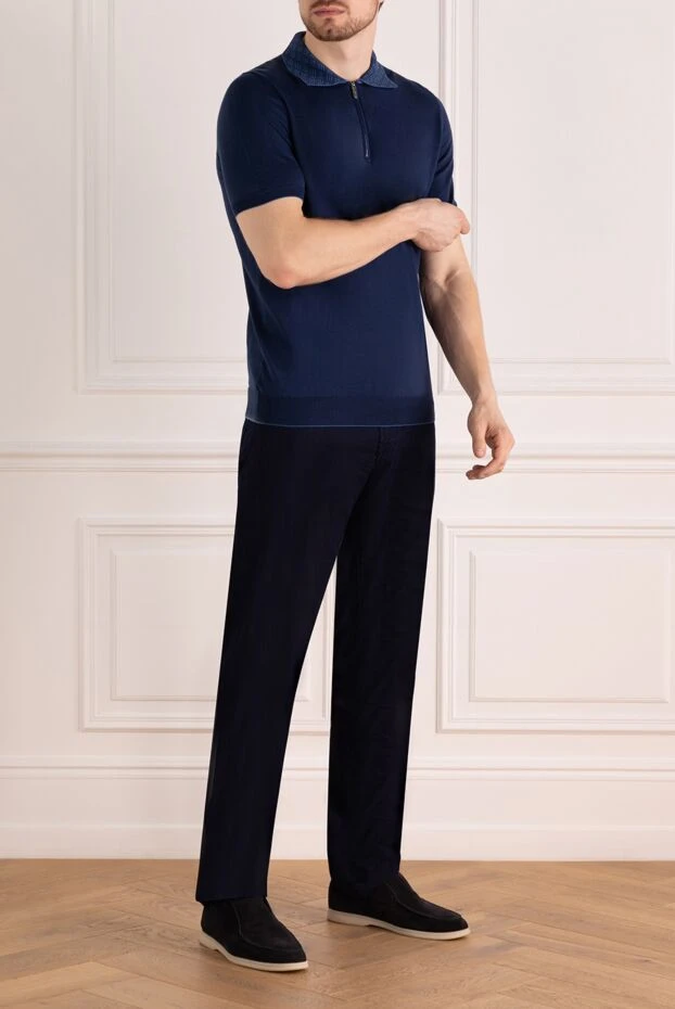 Svevo men's dark blue cotton polo shirt with a textured collar and a zipper 195433 - photo 2
