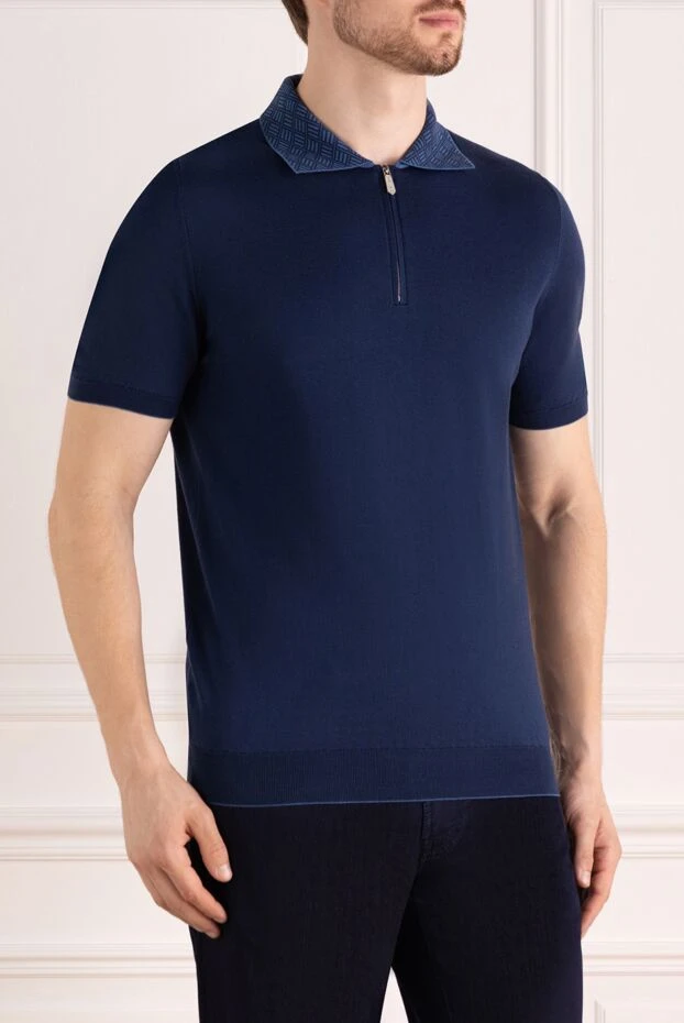 Svevo men's dark blue cotton polo shirt with a textured collar and a zipper 195433 - photo 3
