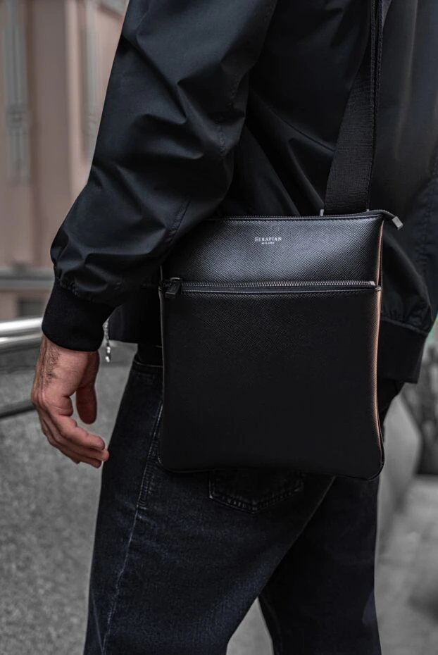 Serapian men's flat black leather evoluzione messenger bag 179124 - photo 2