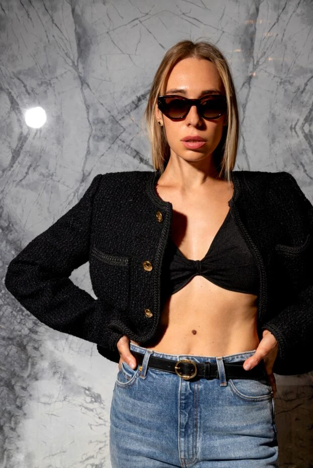 Celine women's black tweed button-down jacket with a round neckline 179186 - photo 2