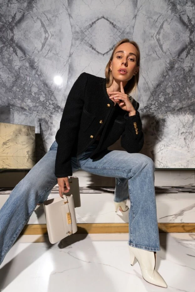 Celine women's black tweed button-down jacket with a round neckline 179186 - photo 3