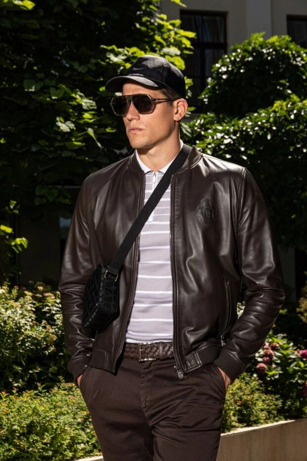 Svevo поло з бавовни в дрібну сітку з горизонтальними смугами та блискавкою 179430 - фото 3