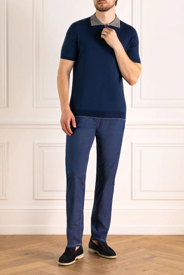 Svevo blue knit polo shirt with a zip-up closure and a gray collar 195719 - photo 2