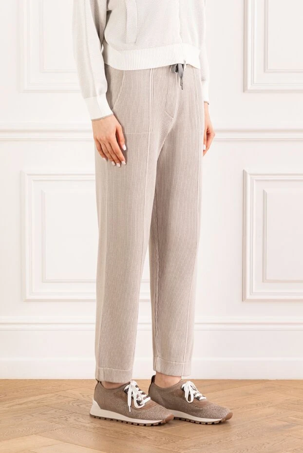 Brunello Cucinelli женские серые трикотажные брюки в технике ребристой вязки 180349 - фото 3