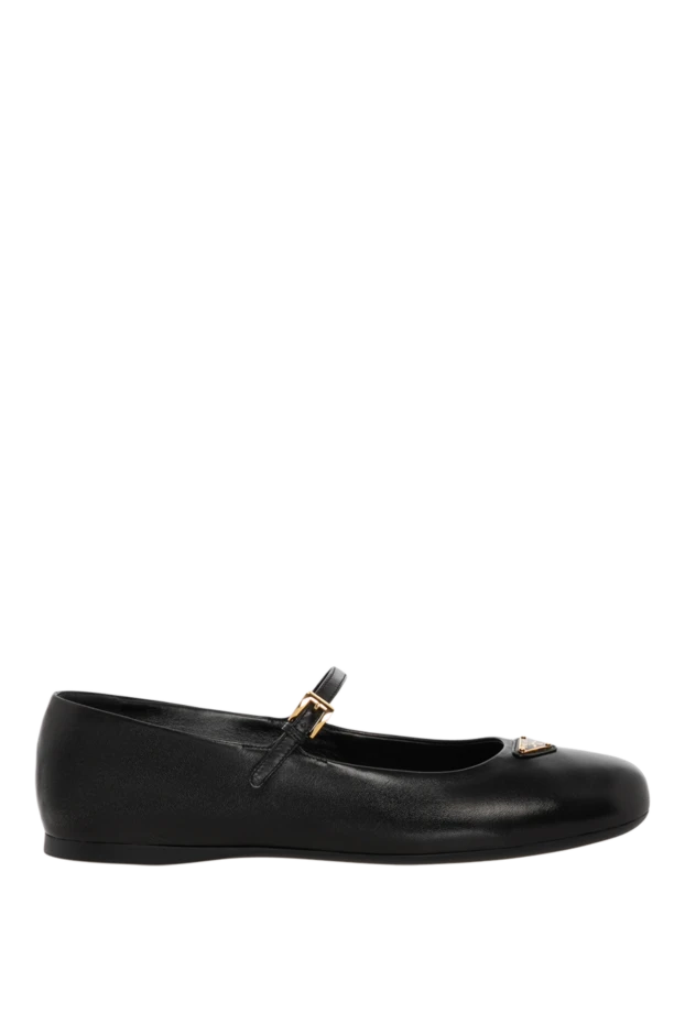 Women's black leather flat shoes with logo