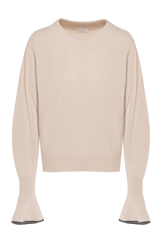 Cashmere beige jumper with decorative cuffs for women