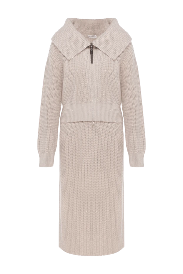 Brunello Cucinelli в'язаний костюм зі спідницею бежевий з широким коміром 181195 - фото 1