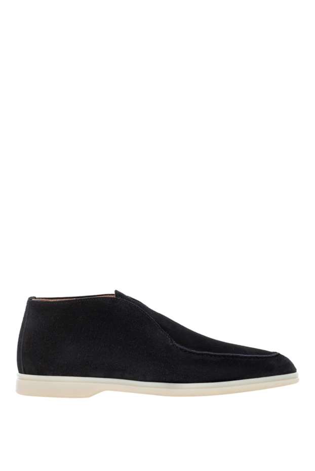 Black suede men's loafers on a white sole.