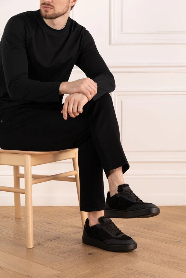 Barrett black men's leather and suede sneakers with fur with logo 184706 - photo 2