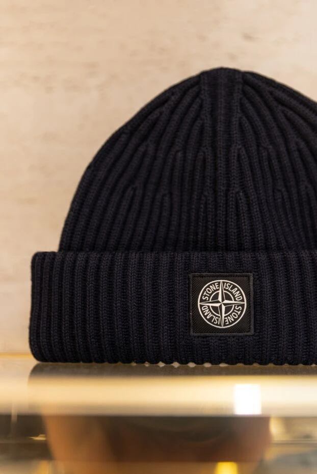 Stone Island чоловіча чорна в'язана шапка з вовни з відворотом та логотипом 185070 - фото 2