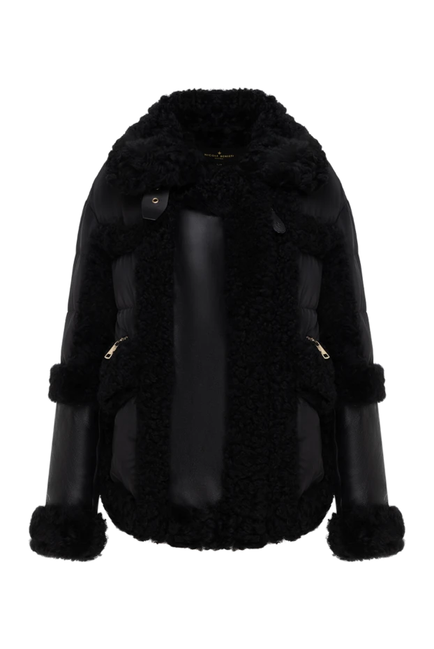 Пуховик женский черный из кожи меха и текстиля - фото 1