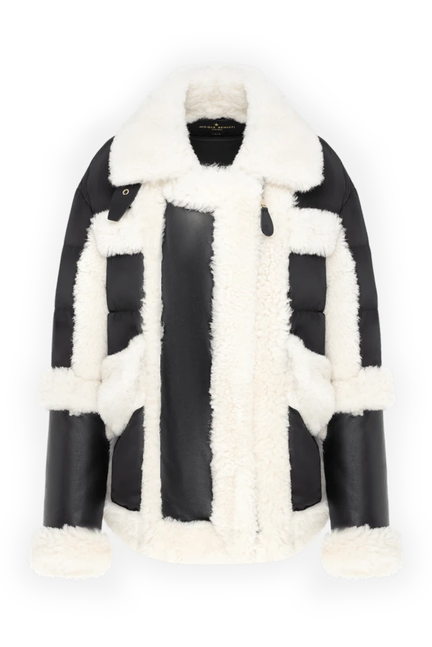 Women's down jacket made of black leather, white fur and textiles - photo 1