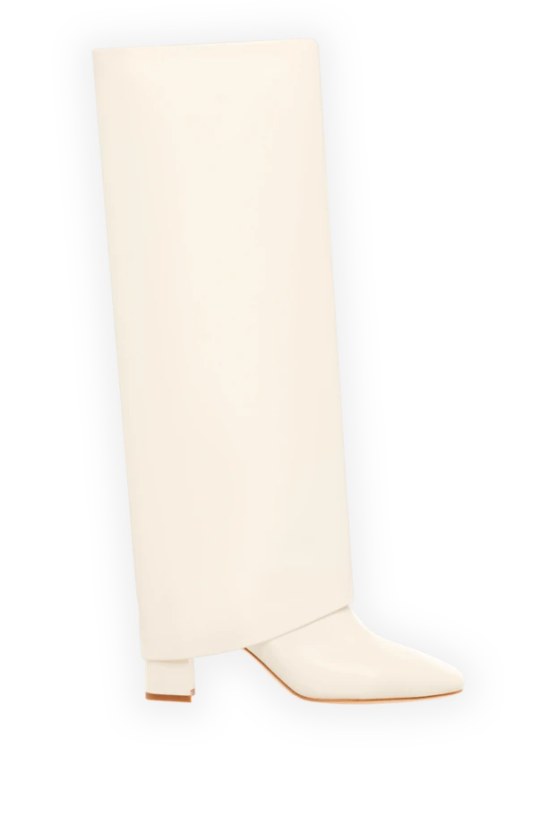 White leather boots with an inside-out shaft