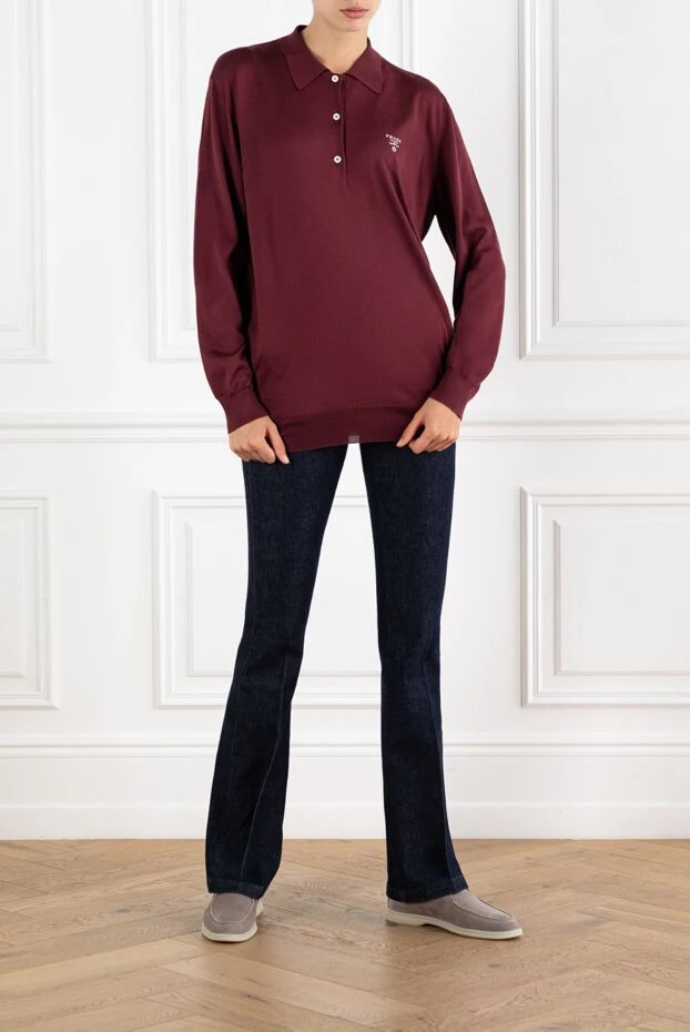 Prada burgundy long sleeve silk polo shirt with logo 185378 - photo 2