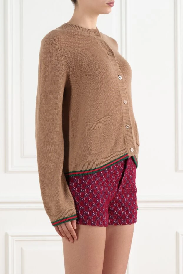 Gucci вязаный кардиган из кашемира женский коричневый с лентой web 186691 - фото 3