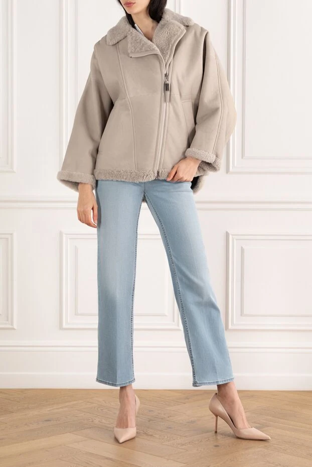 Brunello Cucinelli дублянка з косою блискавкою з овчини бежева жіноча 187311 - фото 2