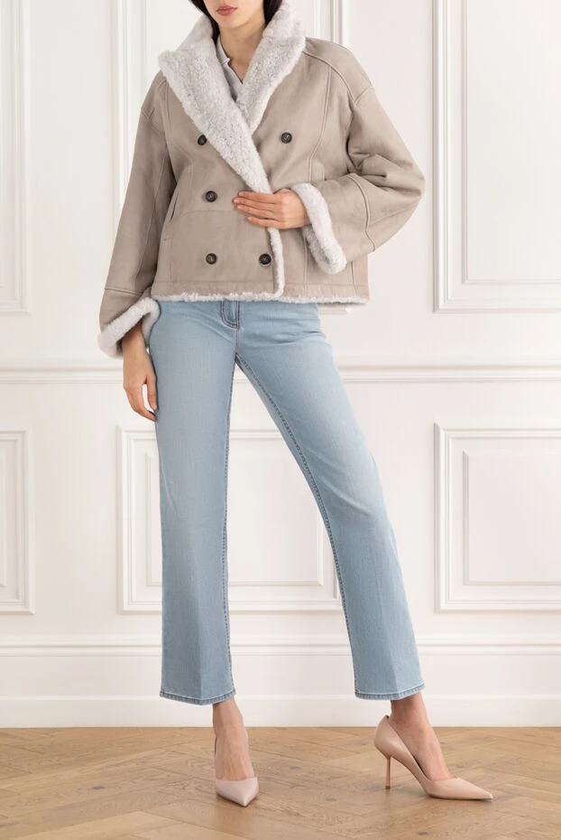 Brunello Cucinelli двусторонняя короткая дубленка из овчины двубортная бежевая 187312 - фото 2