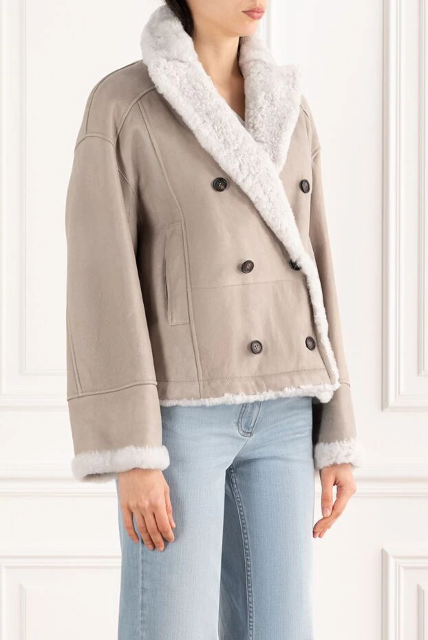 Brunello Cucinelli двусторонняя короткая дубленка из овчины двубортная бежевая 187312 - фото 3