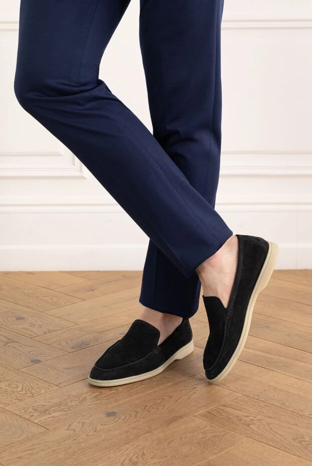 Замшевые мужские лоферы Casimiro синие на белой подошве - фото 2