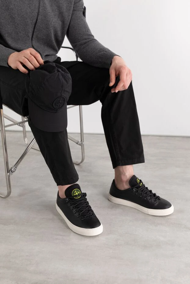 Stone Island шкіряні чорні снікери з чоловічим логотипом 187552 - фото 2