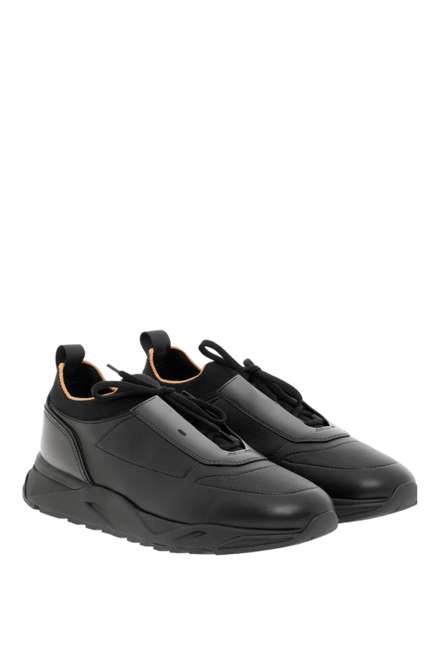 Santoni мужские черные кожаные кроссовки с трикотажными вставками 188202 - фото 2