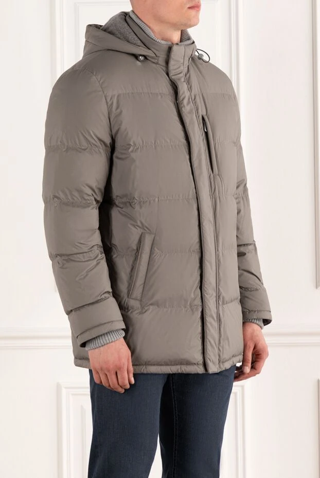 Enrico Mandelli сірий чоловічий пуховик середньої довжини стьобаний з капюшоном 188258 - фото 3