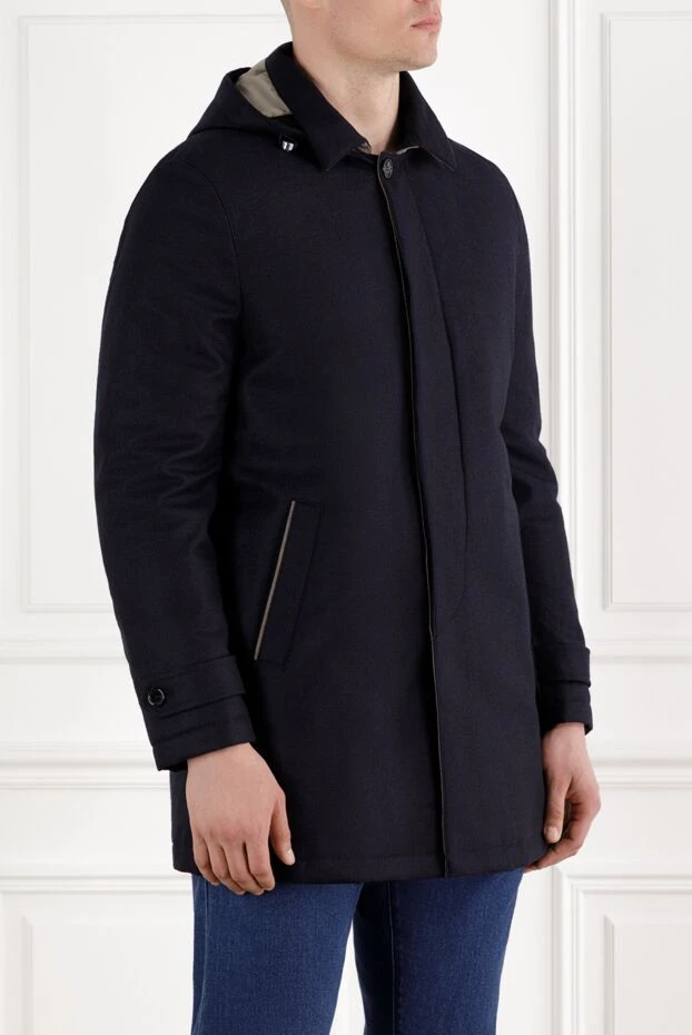 Enrico Mandelli куртка чоловіча середньої довжини синя з капюшоном з вовни та кашеміру 188267 - фото 3