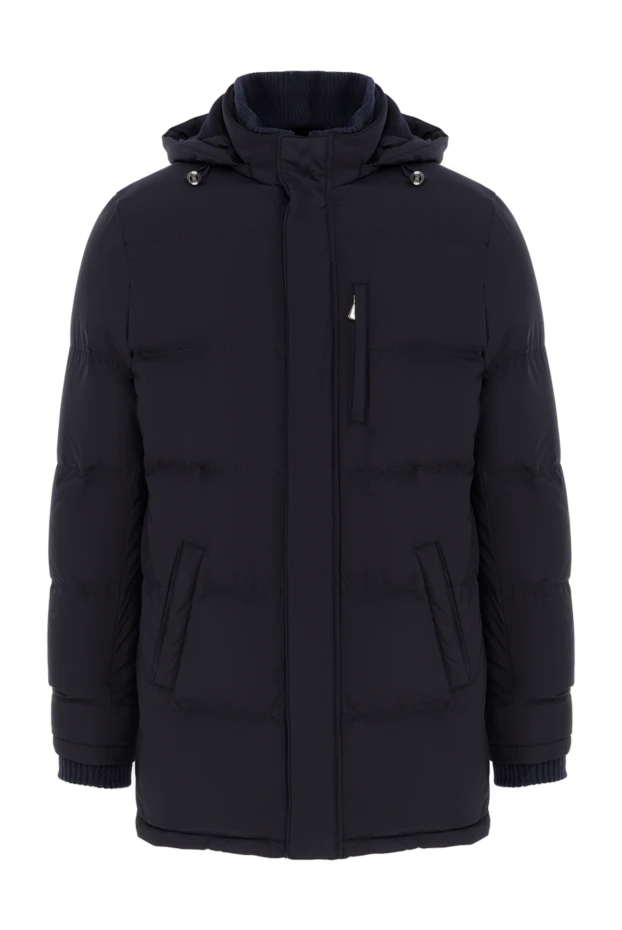 Enrico Mandelli синій чоловічий пуховик середньої довжини стьобаний з капюшоном 188268 - фото 1