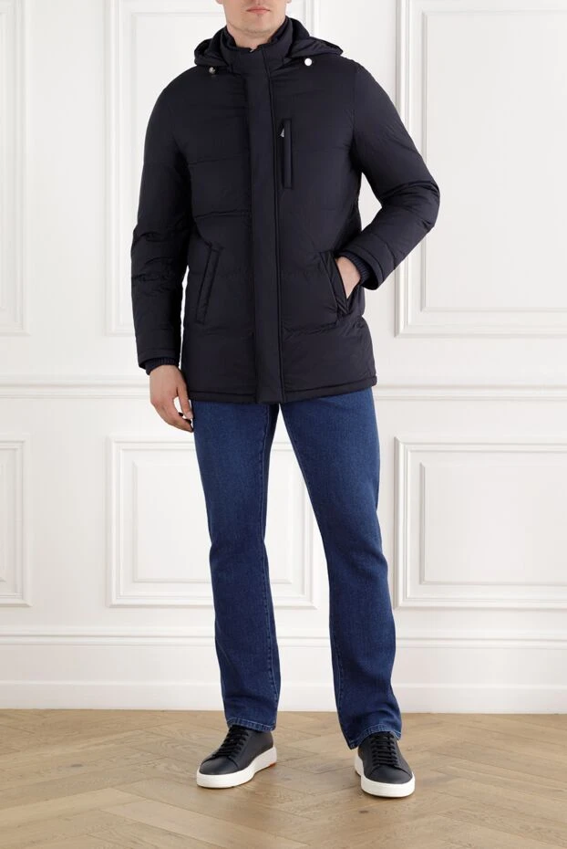 Enrico Mandelli синій чоловічий пуховик середньої довжини стьобаний з капюшоном 188268 - фото 2