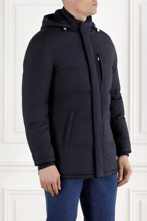 Enrico Mandelli синій чоловічий пуховик середньої довжини стьобаний з капюшоном 188268 - фото 3