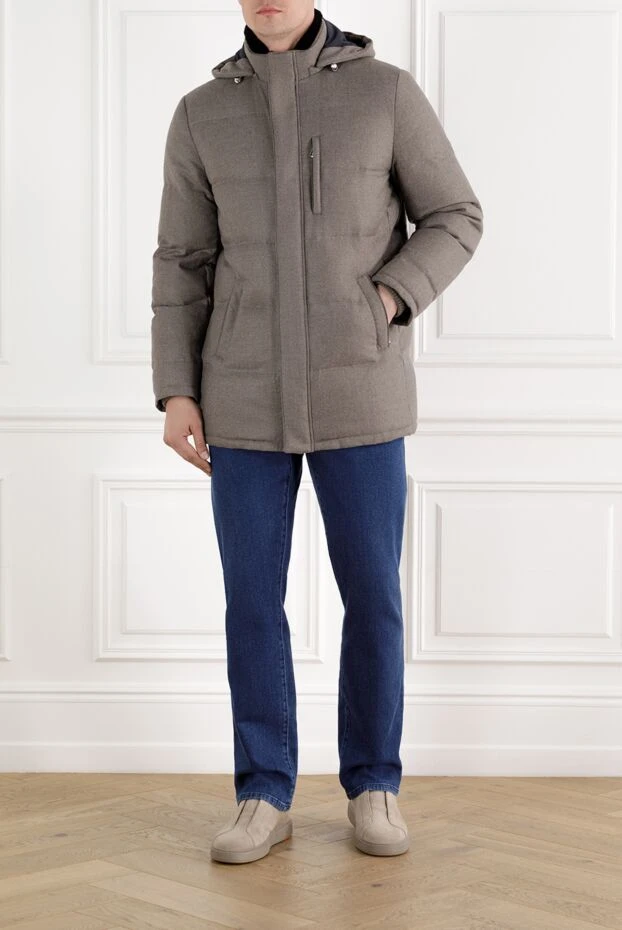 Enrico Mandelli сірий чоловічий пуховик з вовни та кашеміру стьобаний з капюшоном 188269 - фото 2