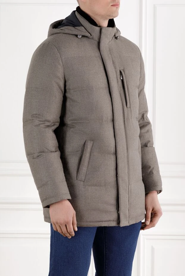 Enrico Mandelli сірий чоловічий пуховик з вовни та кашеміру стьобаний з капюшоном 188269 - фото 3