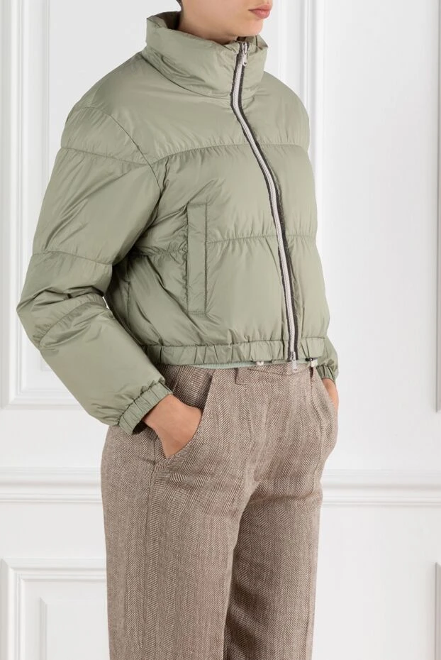Brunello Cucinelli зелений пуховик з ланцюжком моніль та високим коміром 188401 - фото 3