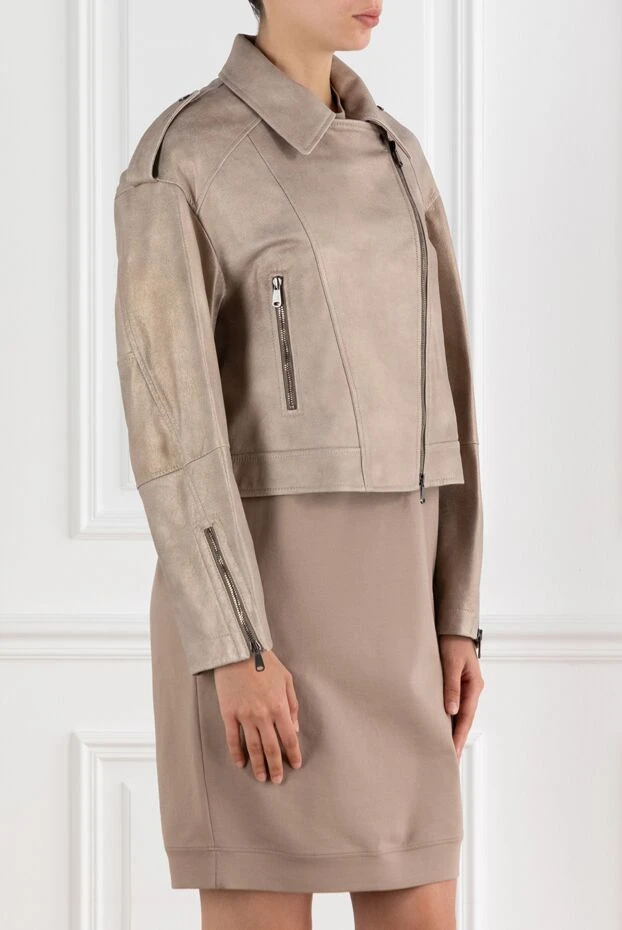 Brunello Cucinelli байкерська шкіряна куртка бежева жіноча 188402 - фото 3