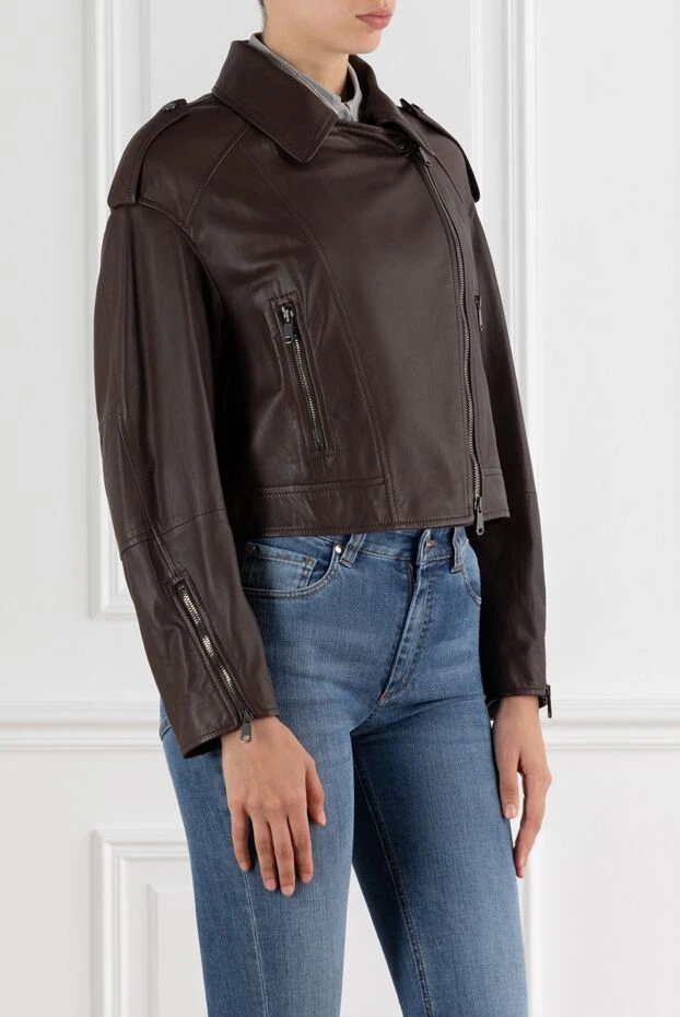 Brunello Cucinelli байкерська шкіряна куртка коричнева жіноча 188403 - фото 3