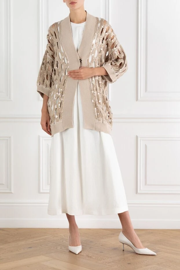 Openwork cardigan with sequins beige women's - photo 2